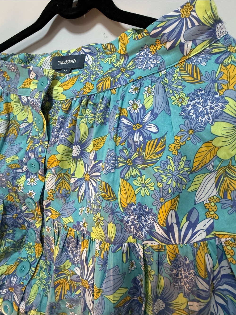 ModCloth Teal Floral Button-Front Skirt with Blue and Yellow Blooms - Picture 2 of 8
